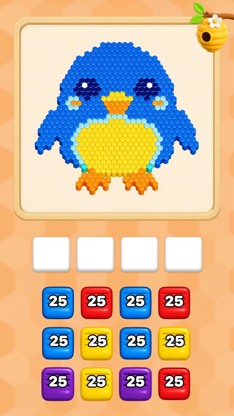 Bee Flow puzzle board showing a blue pixel-art bird made of colorful cube tiles