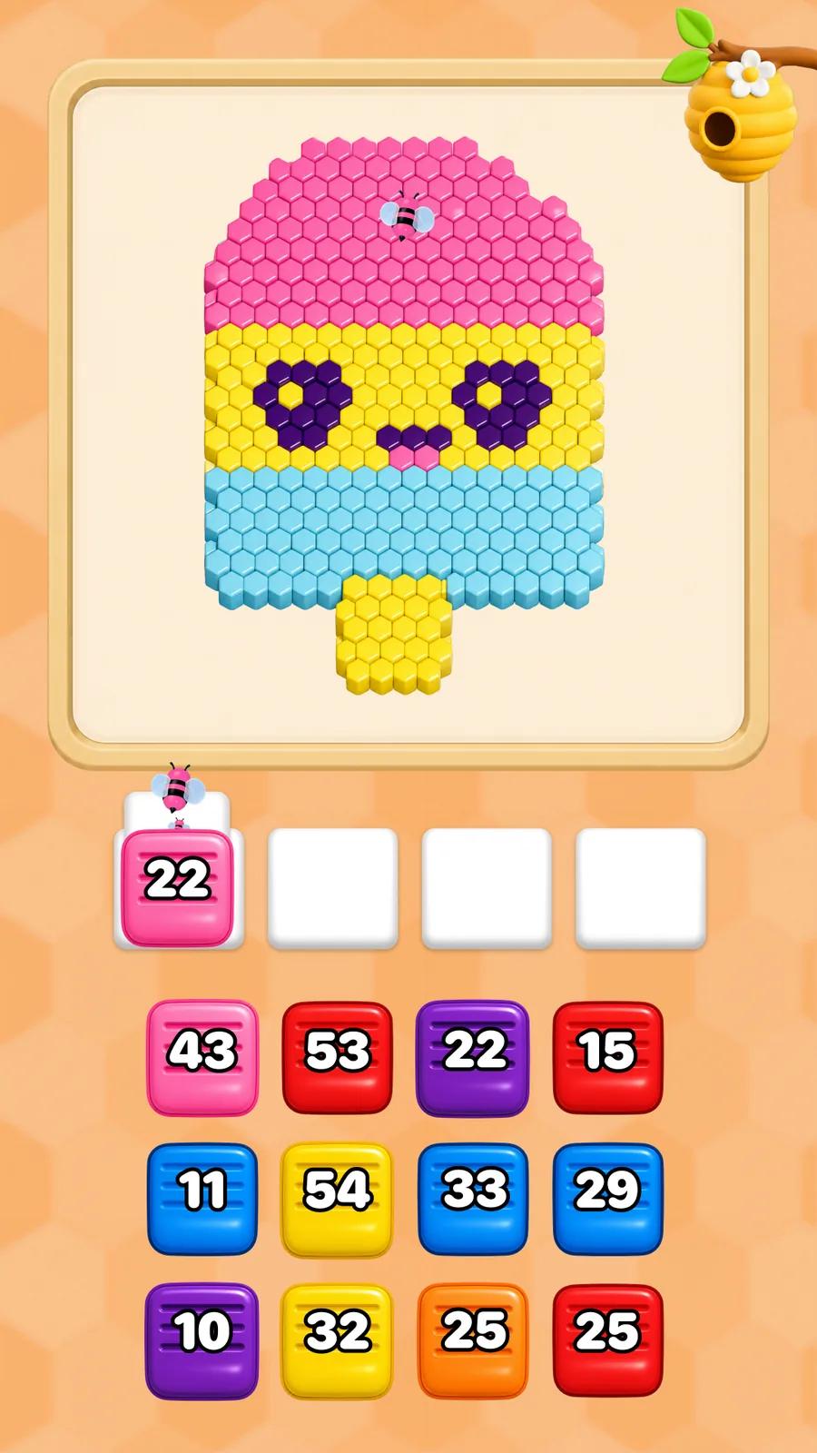 Bee Flow puzzle board showing a pink, yellow and blue pixel-art popsicle