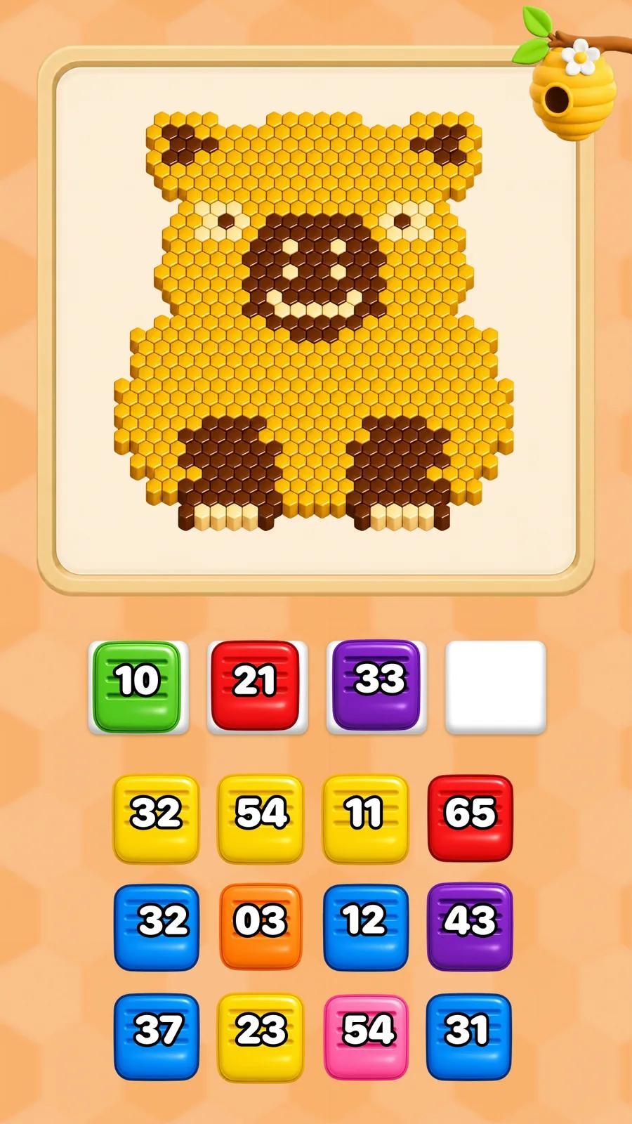 Bee Flow puzzle board showing a golden pixel-art honey bear