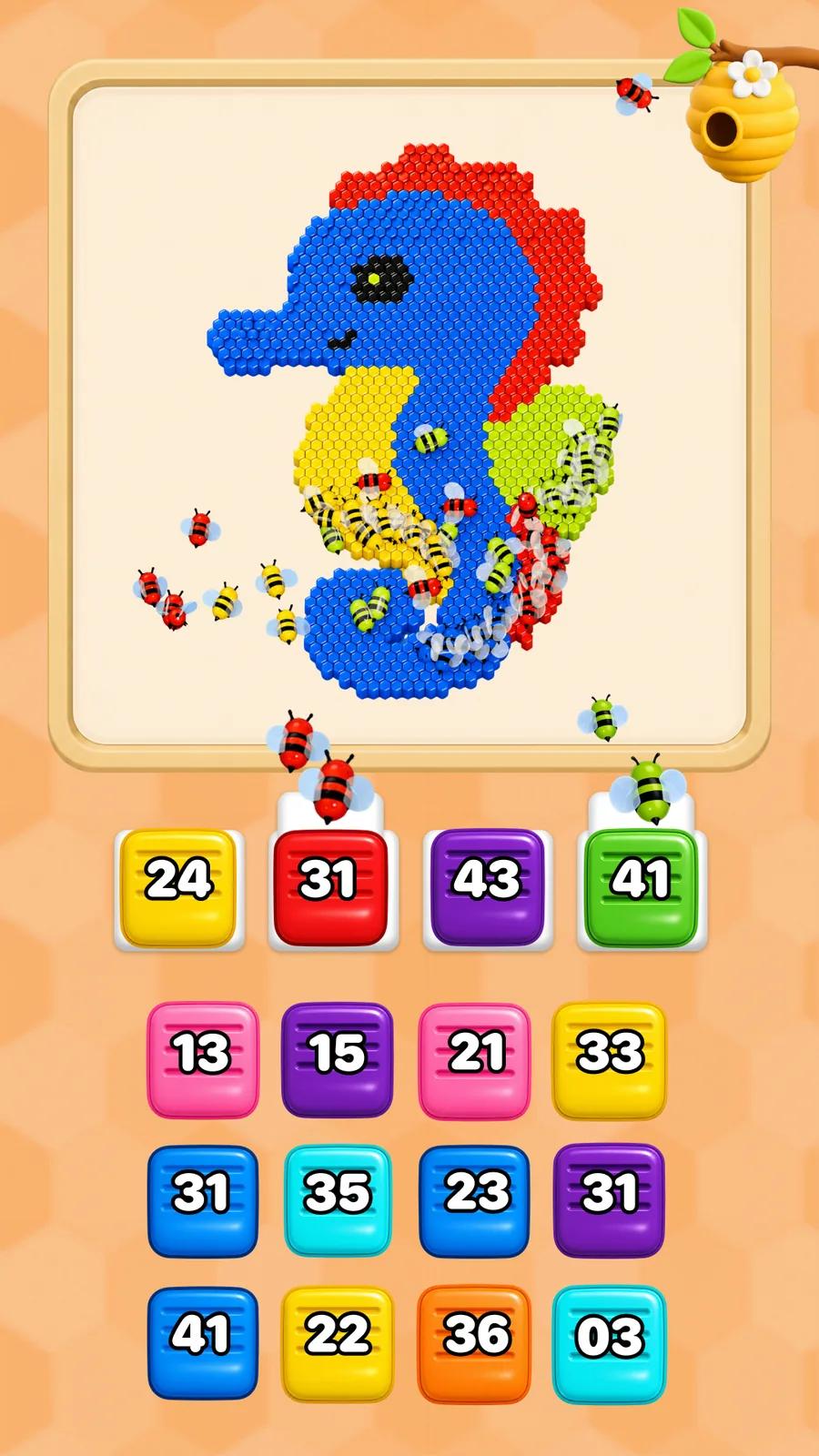 Bee Flow puzzle in progress with bees clearing a pixel-art seahorse
