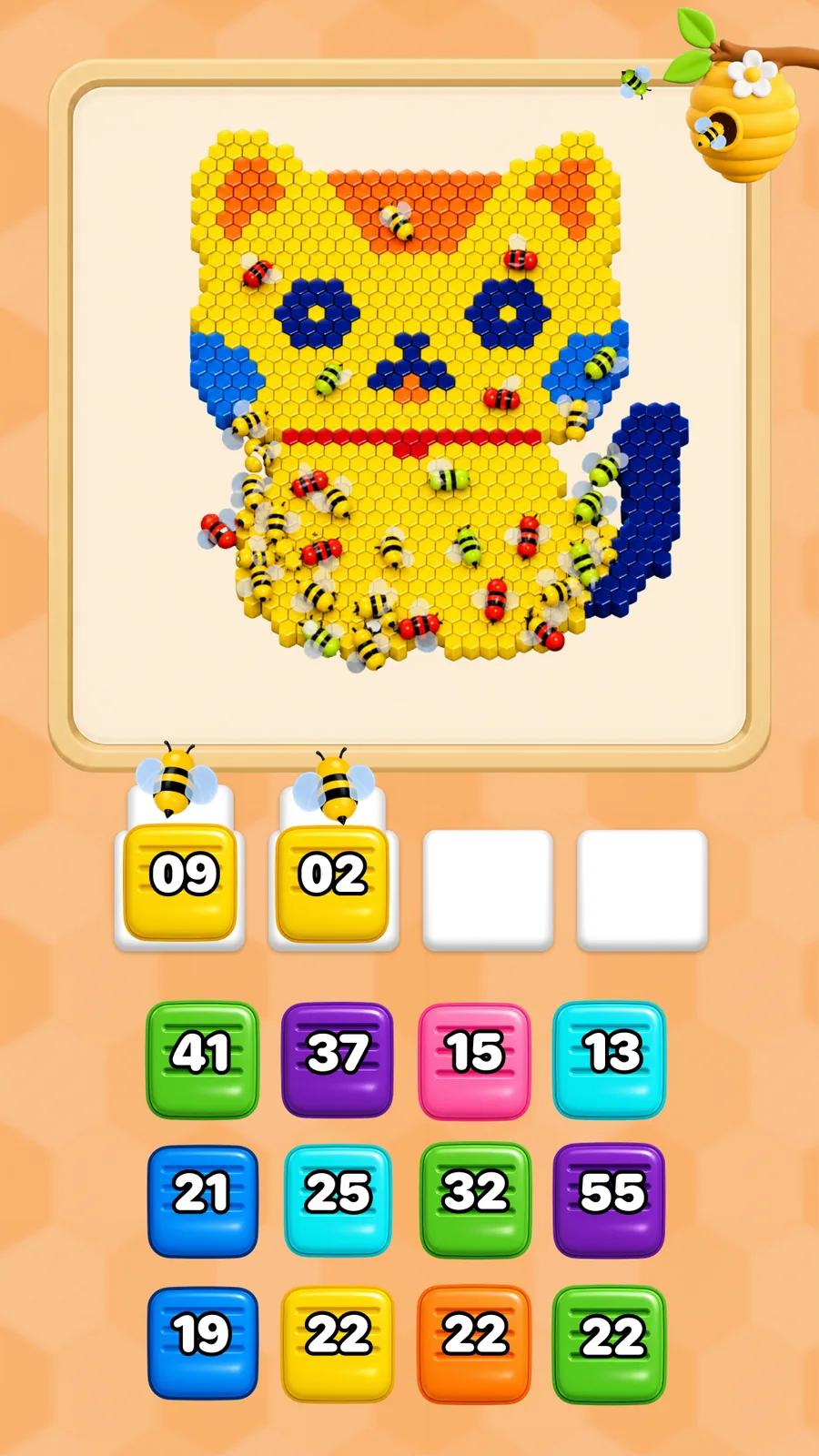 Bee Flow puzzle in progress with bees clearing a yellow pixel-art cat